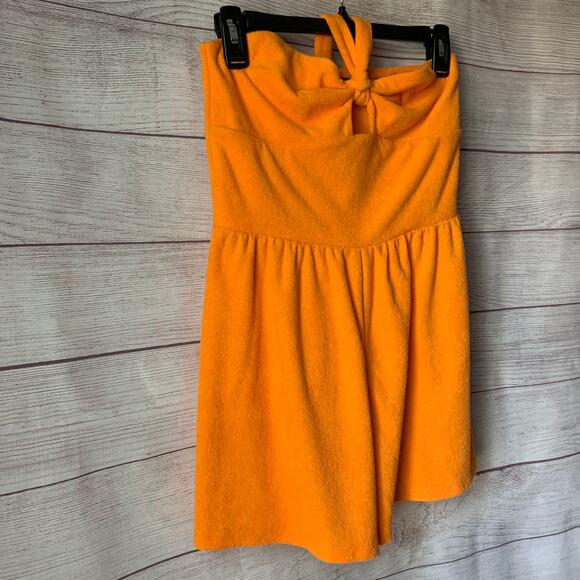 Wild Fable Orange Terry Cloth Romper Short Outfit Bow Front Keyhole Halter Tie S - Picture 4 of 11